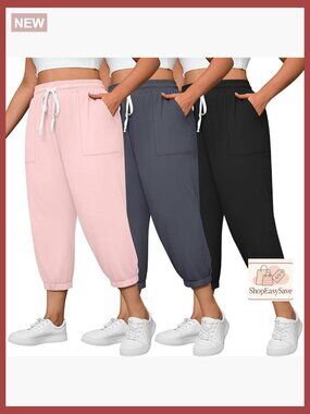 Plus Size Capri Joggers Sweatpants with Pockets Drawstring Casual Workout